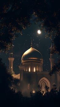 A serene night view of a mosque illuminated under the moonlight.