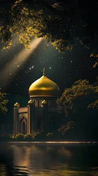 A serene scene featuring a golden-domed structure by a tranquil lake.