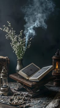 A serene scene featuring an open book, flowers, and smoke.