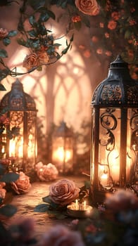 A serene scene with glowing lanterns and blooming roses.