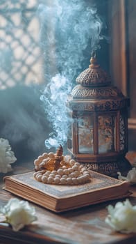 A serene scene with incense, prayer beads, and a lantern.
