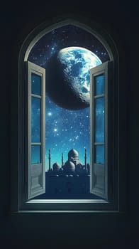 A serene window view of a cosmic landscape with a moonlit night.