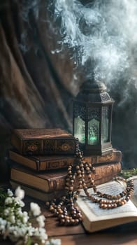 A tranquil scene with books, a lantern, and prayer beads.