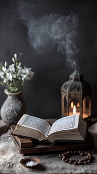 An open book with flowers and a lantern, creating a serene atmosphere.