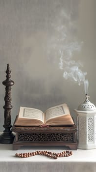 An open book with incense and prayer beads, symbolizing spirituality.