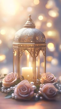 Elegant lantern with candle surrounded by roses and pearls.