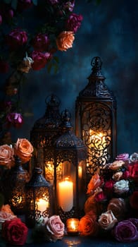 Elegant lanterns surrounded by roses create a warm, inviting atmosphere.