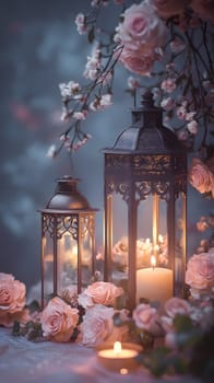 Elegant lanterns surrounded by soft pink roses and candles.