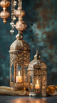 Elegant lanterns with candles, creating a warm, inviting atmosphere.