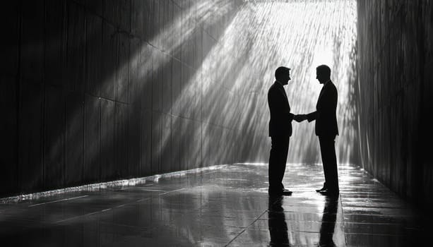 A Businessperson shaking hands with manager in dramatic setting, conveying trust and partnership