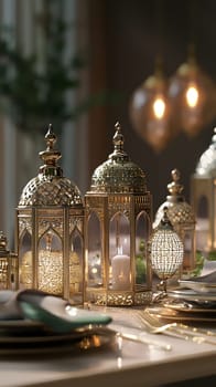 Elegant table setting with decorative lanterns and candles.
