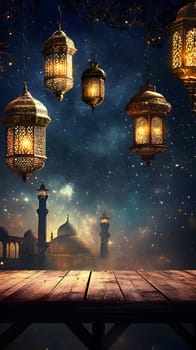 Lanterns illuminate a starry night over a mystical landscape.