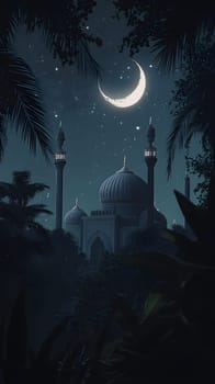 Night scene featuring a mosque with a crescent moon backdrop.