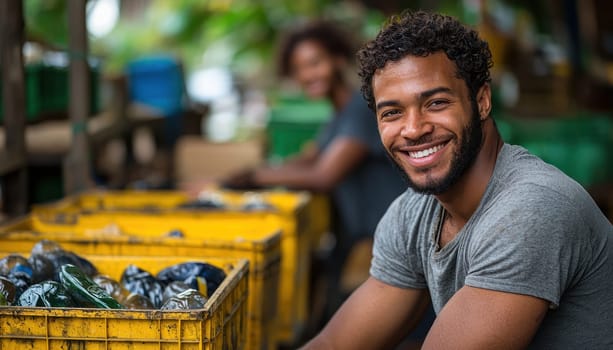 A young adult man smiles while volunteering at community recycling center, surrounded by colorful bins filled with recyclable materials
