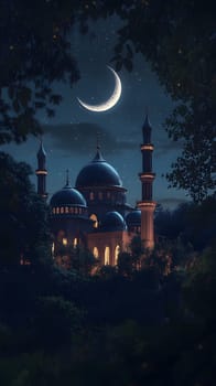Nighttime view of a mosque with a crescent moon in the sky.