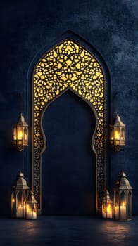 Ornate archway with glowing lanterns against a dark backdrop.
