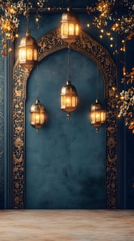 Ornate archway with hanging lanterns in a decorative setting.