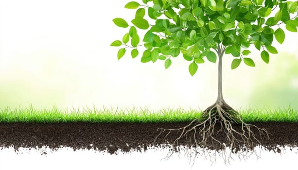 A stylized image of growing plant with roots, showcasing vibrant green leaves and rich soil, symbolizing life and growth