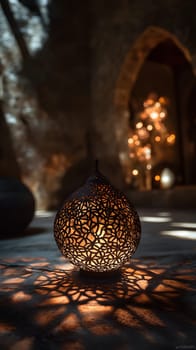Ornate lantern casting intricate shadows in a dimly lit space.