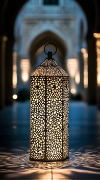 Ornate lantern casting intricate shadows in a serene architectural space.