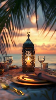 Romantic beach dinner setting with lantern and sunset backdrop.
