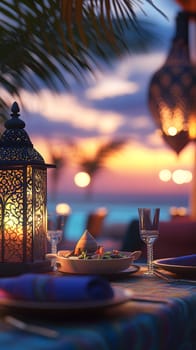 Romantic dinner setting with lanterns and sunset view.