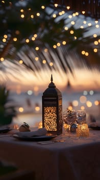 Romantic dinner setting with lanterns and twinkling lights at sunset.