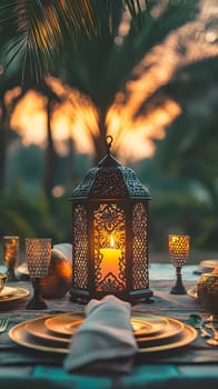 Romantic outdoor dining setup with lanterns and sunset backdrop.