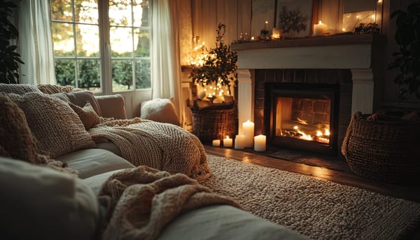 A Cozy living room with warm lighting, soft textures, and fireplace ambiance. Perfect for relaxation and comfort during chilly evenings