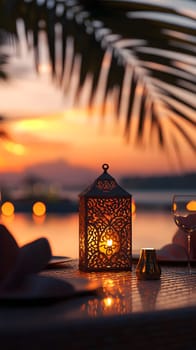 Romantic sunset dining setup with a decorative lantern.