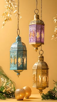 Three decorative lanterns hanging against a warm background.