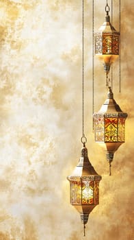 Three ornate lanterns hanging against a textured golden background.
