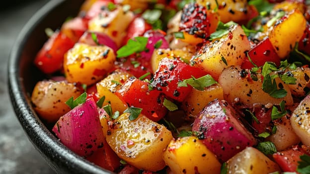 A Fresh and colorful vegetable salad with diced peppers, onions, and herbs, bursting with flavor and vibrant colors. Perfect for any meal