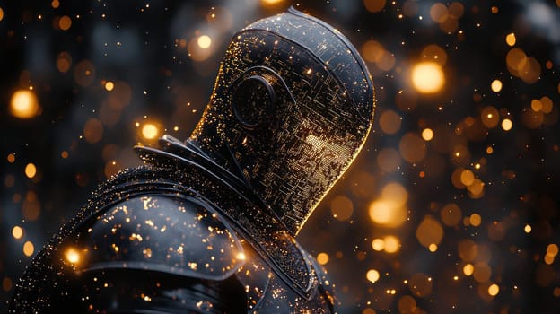 A Majestic knight in ornate digital armor, glowing with sparks and light