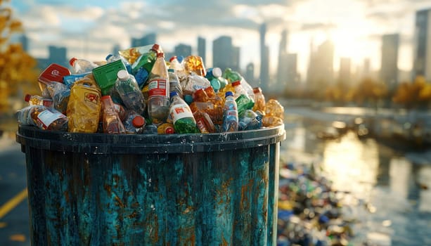 An Overflowing trash container filled with plastic bottles and waste, set against city skyline at sunset, highlighting urban pollution