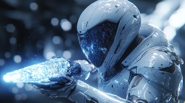 A futuristic knight in sleek dark digital armor holds glowing weapon, exuding sense of power and mystery