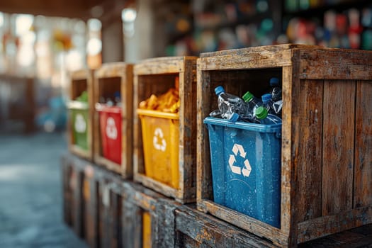 A Recycling bins in colorful wooden crates, promoting eco friendly practices
