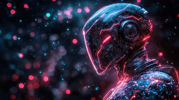 A Majestic knight in ornate digital armor, glowing with vibrant colors and intricate details, exuding futuristic aura