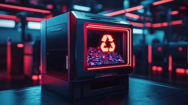 A futuristic trash container with glowing recycle symbol, surrounded by vibrant neon lights, emphasizes modern waste management