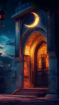 A beautifully illuminated doorway under a crescent moon at night.