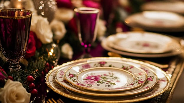 Christmas tablescape decoration, formal family dinner holiday celebration, luxury table setting decor, English country and home style idea