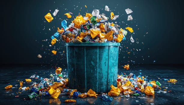 An Overflowing trash container filled with colorful waste materials, creating chaotic scene