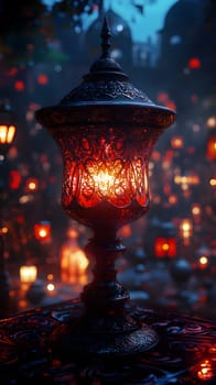 A beautifully ornate lantern casting a warm glow in a dark setting.