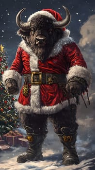 A bison in a Santa outfit stands by a Christmas tree in snow.