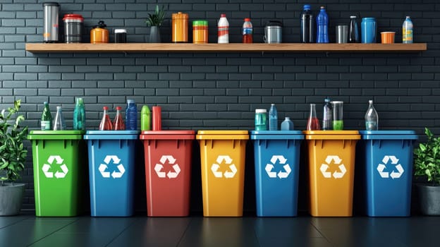 A Colorful trash containers arranged neatly against dark wall, showcasing recycling symbols. vibrant display of bottles and cans adds to modern