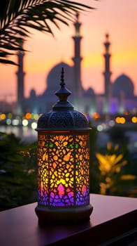 A colorful lantern in the foreground with a sunset and mosque backdrop.