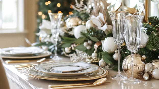 Christmas tablescape decoration, formal family dinner holiday celebration, luxury table setting decor, English country and home style idea