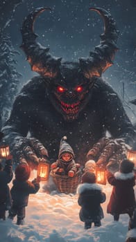 A dark creature looms over children with lanterns in a snowy setting.
