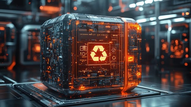 A Futuristic trash container with glowing elements and recycling symbol, showcasing advanced technology and sustainability