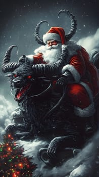 A dark twist on Santa riding a horned creature in a snowy setting.